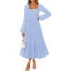 MEROKEETY Women’s 2025 Long Sleeve Fall Dress Square Neck Smocked Flowy Tiered Casual Maxi Dresses with Pockets(Blue)