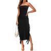 MEROKEETY Women’s 2025 Strapless Bodycon Tube Midi Dress Sexy Floral Lace Ruffle Slit Wedding Guest Cocktail Party Dresses(Black)