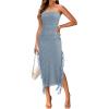 MEROKEETY Women’s 2025 Strapless Bodycon Tube Midi Dress Sexy Floral Lace Ruffle Slit Wedding Guest Cocktail Party Dresses(Grayblue)