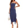 MEROKEETY Women’s 2025 Strapless Bodycon Tube Midi Dress Sexy Floral Lace Ruffle Slit Wedding Guest Cocktail Party Dresses(Navy)