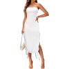MEROKEETY Women’s 2025 Strapless Bodycon Tube Midi Dress Sexy Floral Lace Ruffle Slit Wedding Guest Cocktail Party Dresses(White)