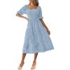 MEROKEETY Womens 2025 Summer Short Puff Sleeve Smocked Square Neck Floral Textured Tiered Midi Dress(Blue)