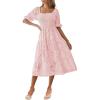 MEROKEETY Womens 2025 Summer Short Puff Sleeve Smocked Square Neck Floral Textured Tiered Midi Dress(Pink)