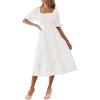 MEROKEETY Womens 2025 Summer Short Puff Sleeve Smocked Square Neck Floral Textured Tiered Midi Dress(White)