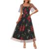MEROKEETY Women’s 2025 Summer Short Sleeve Floral Tulle Dress Square Neck Smocked Party Wedding Boho Maxi Dresses(Black)