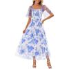MEROKEETY Women’s 2025 Summer Short Sleeve Floral Tulle Dress Square Neck Smocked Party Wedding Boho Maxi Dresses(Blue)