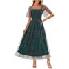 MEROKEETY Women’s 2025 Summer Short Sleeve Floral Tulle Dress Square Neck Smocked Party Wedding Boho Maxi Dresses(Green)