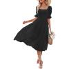 MEROKEETY Women’s 2025 Summer Square Neck Puff Sleeve Boho Midi Dress Swiss Dot Ruffle Flowy Tie Back Dress(Black)