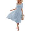MEROKEETY Women’s 2025 Summer Square Neck Puff Sleeve Boho Midi Dress Swiss Dot Ruffle Flowy Tie Back Dress(Blue)