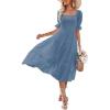 MEROKEETY Women’s 2025 Summer Square Neck Puff Sleeve Boho Midi Dress Swiss Dot Ruffle Flowy Tie Back Dress(Dusty Blue)
