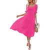 MEROKEETY Women’s 2025 Summer Square Neck Puff Sleeve Boho Midi Dress Swiss Dot Ruffle Flowy Tie Back Dress(Hot Pink)