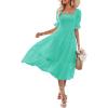 MEROKEETY Women’s 2025 Summer Square Neck Puff Sleeve Boho Midi Dress Swiss Dot Ruffle Flowy Tie Back Dress(Lake Green)