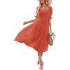 MEROKEETY Women’s 2025 Summer Square Neck Puff Sleeve Boho Midi Dress Swiss Dot Ruffle Flowy Tie Back Dress(Orange)