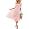 MEROKEETY Women’s 2025 Summer Square Neck Puff Sleeve Boho Midi Dress Swiss Dot Ruffle Flowy Tie Back Dress(Pink)