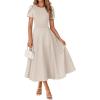 MEROKEETY Women’s 2026 Summer Midi Dresses Short Sleeve Crewneck A Line Pleated Wedding Guest Flowy Long Dress with Pockets(Apricot)