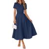 MEROKEETY Women’s 2026 Summer Midi Dresses Short Sleeve Crewneck A Line Pleated Wedding Guest Flowy Long Dress with Pockets(Navy)