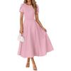 MEROKEETY Women’s 2026 Summer Midi Dresses Short Sleeve Crewneck A Line Pleated Wedding Guest Flowy Long Dress with Pockets(Pink)