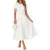 MEROKEETY Women’s 2026 Summer Midi Dresses Short Sleeve Crewneck A Line Pleated Wedding Guest Flowy Long Dress with Pockets(White)