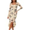 MEROKEETY Women’s 2026 Wedding Guest Dress Bodycon Long Sleeve Square Neck Ruched Mesh Cocktail Party Holiday Midi Dresses(Beige)