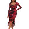 MEROKEETY Women’s 2026 Wedding Guest Dress Bodycon Long Sleeve Square Neck Ruched Mesh Cocktail Party Holiday Midi Dresses(Blackrose)