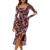 MEROKEETY Women’s 2026 Wedding Guest Dress Bodycon Long Sleeve Square Neck Ruched Mesh Cocktail Party Holiday Midi Dresses(Brown)