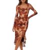 MEROKEETY Women’s 2026 Wedding Guest Dress Bodycon Long Sleeve Square Neck Ruched Mesh Cocktail Party Holiday Midi Dresses(Caramel)