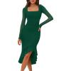 MEROKEETY Women’s 2026 Wedding Guest Dress Bodycon Long Sleeve Square Neck Ruched Mesh Cocktail Party Holiday Midi Dresses(Darkgreen)