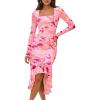 MEROKEETY Women’s 2026 Wedding Guest Dress Bodycon Long Sleeve Square Neck Ruched Mesh Cocktail Party Holiday Midi Dresses(Pink)