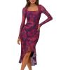 MEROKEETY Women’s 2026 Wedding Guest Dress Bodycon Long Sleeve Square Neck Ruched Mesh Cocktail Party Holiday Midi Dresses(Plum)