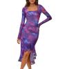 MEROKEETY Women’s 2026 Wedding Guest Dress Bodycon Long Sleeve Square Neck Ruched Mesh Cocktail Party Holiday Midi Dresses(Purple)