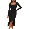 MEROKEETY Women’s 2026 Wedding Guest Dress Bodycon Long Sleeve Square Neck Ruched Mesh Cocktail Party Holiday Midi Dresses(Solidblack)