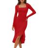 MEROKEETY Women’s 2026 Wedding Guest Dress Bodycon Long Sleeve Square Neck Ruched Mesh Cocktail Party Holiday Midi Dresses(Solidred)