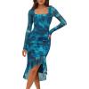 MEROKEETY Women’s 2026 Wedding Guest Dress Bodycon Long Sleeve Square Neck Ruched Mesh Cocktail Party Holiday Midi Dresses(Teal)