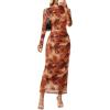 MEROKEETY Women’s Spring Wedding Guest Dress 2026 Long Sleeve Bodycon Floral Mesh Fall Cocktail Holiday Party Maxi Dresses(Brown)