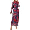 MEROKEETY Women’s Spring Wedding Guest Dress 2026 Long Sleeve Bodycon Floral Mesh Fall Cocktail Holiday Party Maxi Dresses(Neon)