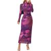 MEROKEETY Women’s Spring Wedding Guest Dress 2026 Long Sleeve Bodycon Floral Mesh Fall Cocktail Holiday Party Maxi Dresses(Plum)