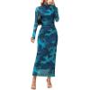 MEROKEETY Women’s Spring Wedding Guest Dress 2026 Long Sleeve Bodycon Floral Mesh Fall Cocktail Holiday Party Maxi Dresses(Teal)
