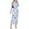 MEROKEETY Women’s Spring Wedding Guest Dress 2026 Long Sleeve Bodycon Floral Mesh Fall Cocktail Holiday Party Maxi Dresses(White Blue)