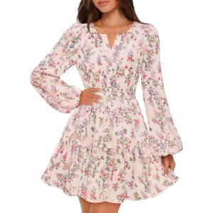 MEROKEETY Fall Wedding Guest Dresses for Women Long Sleeve Floral Casual Lightweight Flowy Swing Boho Dress Pockets(Apricot)