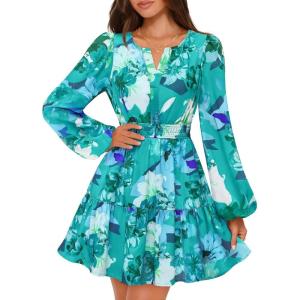 MEROKEETY Fall Wedding Guest Dresses for Women Long Sleeve Floral Casual Lightweight Flowy Swing Boho Dress Pockets(Green)