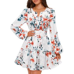 MEROKEETY Fall Wedding Guest Dresses for Women Long Sleeve Floral Casual Lightweight Flowy Swing Boho Dress Pockets(Ivory)