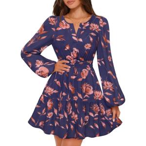 MEROKEETY Fall Wedding Guest Dresses for Women Long Sleeve Floral Casual Lightweight Flowy Swing Boho Dress Pockets(Navy)
