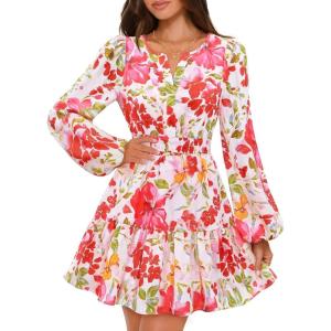 MEROKEETY Fall Wedding Guest Dresses for Women Long Sleeve Floral Casual Lightweight Flowy Swing Boho Dress Pockets(Pink)
