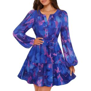 MEROKEETY Fall Wedding Guest Dresses for Women Long Sleeve Floral Casual Lightweight Flowy Swing Boho Dress Pockets(Royal Blue)