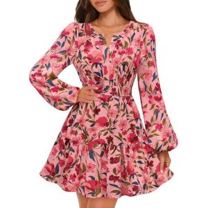 MEROKEETY Fall Wedding Guest Dresses for Women Long Sleeve Floral Casual Lightweight Flowy Swing Boho Dress Pockets(Vintage Pink)