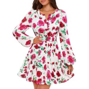 MEROKEETY Fall Wedding Guest Dresses for Women Long Sleeve Floral Casual Lightweight Flowy Swing Boho Dress Pockets(White)