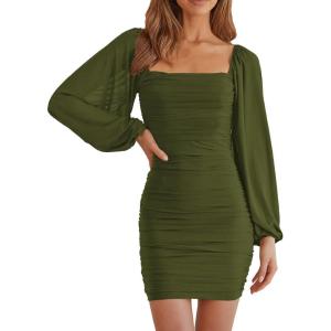 MEROKEETY Women Square Neck Lantern Long Sleeve Mesh Ruched Bodycon Clubwear Mini Dress(Armygreen)