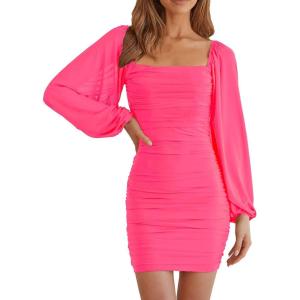 MEROKEETY Women Square Neck Lantern Long Sleeve Mesh Ruched Bodycon Clubwear Mini Dress(Fluopink)