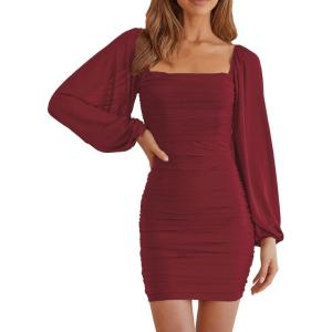 MEROKEETY Women Square Neck Lantern Long Sleeve Mesh Ruched Bodycon Clubwear Mini Dress(Winered)