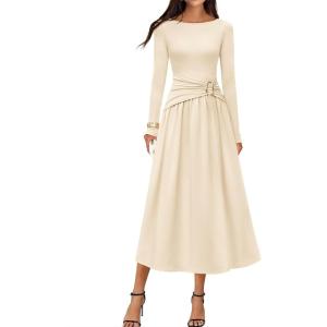 MEROKEETY Women’s 2025 Fall Long Sleeve Midi Dress Elegant Boat Neck Ruched Swing Cocktail Party Dresses(Apricot)